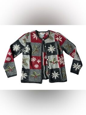 VINTAGE TALBOTS CARDIGAN PATCHWORK EMBROIDERED SWEATER WOOL BLEND WINTER TEACHER